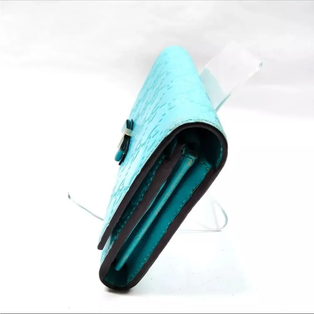 Auth Gucci Turquoise Blue GG Monogram MicroGuccisima Continental Wallet Bow - Picture 3 of 9